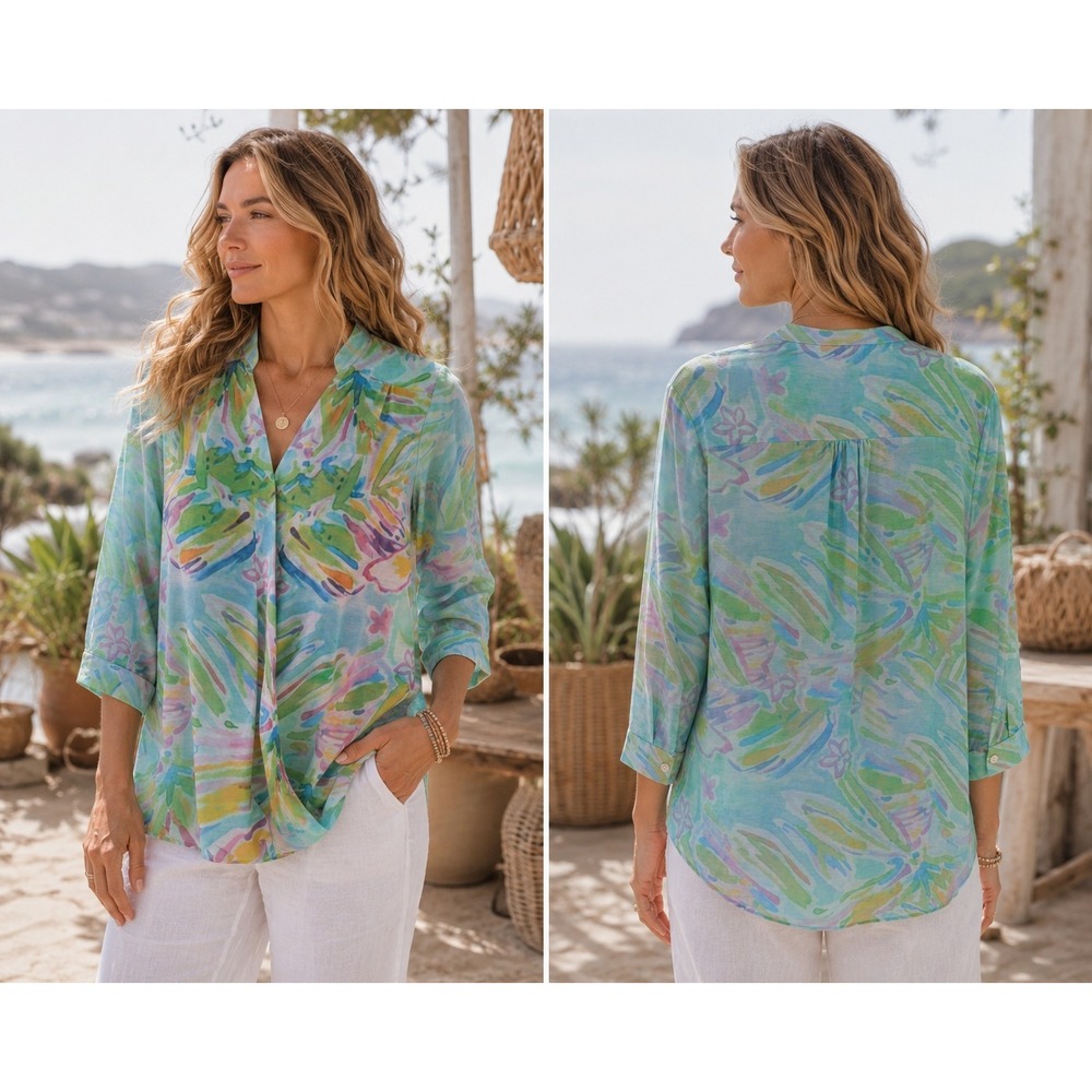 Trisha Tyler Faux Wrap Jersey Top M Aqua Green Floral Abstract Boho Coastal Chic